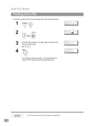 Page 90Edit File Mode
90
To print the contents of the communication file, follow the steps below.
NOTE1. Your machine cannot print the file while it is being sent.
Printing Out a File
1
 
EDIT FILE  (1-6)
ENTER NO. OR 
∨∧
2
 
ENTER NO. OR ∨∧
FILE NO.=]]]
3
Enter the file number or use   or   to select the file 
that you want to print.
Ex:ENTER NO. OR ∨∧
FILE NO.=001
4
Your machine will print the file.  The document(s) will 
remain in the memory even after printing the file.
* PRINTING *
PAGE=001/003
9
4
001 