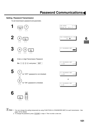 Page 103101
Setting  Password Transmission
To set transmission password and parameter,
 (see Note 1) (see Note 2):
1
  
2
  
3
     
4
Enter a 4-digit Transmission Password.
Ex:  
and press 
5
 for “OFF” (password is not checked) 
    or
 for “ON” (password is checked)or
6
  
1. You can change the setting temporarily by using FUNCTION 8-4 (PASSWORD-XMT) for each transmission.  See
page 103 for details.
2. To change the password, press   in step 4. Then re-enter a new one.
FUNCTION7
S E T  M O D E         ( 1 - 6...