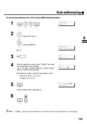 Page 125123
To set the Sub-address into a One-Touch/ABBR Dialing Numbers
 (see Note 1)
1
        
2
 to select “One-Touch”.
    or
 to select “ABBR NO.”.
Ex:
3Ex:
 
4
Enter the telephone number, press   then enter
the Sub-address. (Up to 20 digits)
(Up to 36 digits including telephone number, pauses,
spaces, FLASH and Sub-address)
Ex:
Telephone number = 5551234, Sub-address =2762
Enter as:
 
5
Enter the station name. (See page 31)
6
  
1.  separates the Sub-address from the Telephone number and is indicated by...