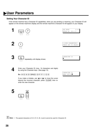 Page 3028
Setting Your Character ID
If the remote machine has a Character ID capabilities, when you are sending or receiving, your Character ID will
appear on the remote machines display and the remote machines Character ID will appear on your display.
 (see Note 1)20
1
  
2
3
 repeatedly until display shows;
4
Enter your Character ID (max. 16 characters and digits)
by using the Character keys  (See page 13).
Ex:
If you make a mistake, use   or   to move the cursor
beyond the incorrect character, press   then...