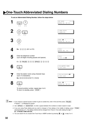 Page 3432
To set an Abbreviated Dialing Number, follow the steps below
 (see Note 1) (see Note 2) (see Note 3) (see Note 4)
1
  
2
     
3
4
Ex:  
 (001 to 072)
5
Enter the telephone number
(up to 36 digits including pauses and spaces).
Ex:
6
7
Enter the station name using character keys
(up to 15 characters).
Ex:
8
To record another number, repeat step 4 to 8.
To return to standby, press  .
1. If you require a special access number to get an outside line, enter it first and then press  .
A hyphen - is...