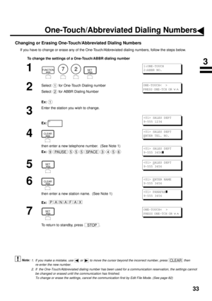 Page 3533
Changing or Erasing One-Touch/Abbreviated Dialing Numbers
If you have to change or erase any of the One-Touch/Abbreviated dialing numbers, follow the steps below.
To change the settings of a One-Touch/ABBR dialing number
 (see Note 1)
 (see Note 2)
1
        
2
Select   for One-Touch Dialing number
Select   for ABBR Dialing Number
Ex:
3
Enter the station you wish to change.
Ex:
4
then enter a new telephone number.  (See Note 1)
Ex:
5
6
then enter a new station name.  (See Note 1)
Ex:
7
To return to...