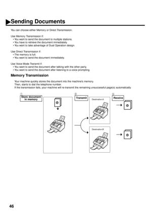 Page 4846
Sending Documents
You can choose either Memory or Direct Transmission.
Use Memory Transmission if:
• You want to send the document to multiple stations.
• You have to retrieve the document immediately.
• You want to take advantage of Dual Operation design.
Use Direct Transmission if:
• The memory is full.
• You want to send the document immediately.
Use Voice Mode Transmit if:
• You want to send the document after talking with the other par ty.
• You want to send the document after listening to a...