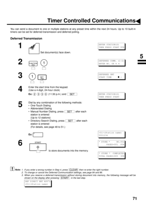 Page 7371
ADVANCED FEATURES
Timer Controlled Communications
You can send a document to one or multiple stations at any preset time within the next 24 hours. Up to 10 built-in
timers can be set for deferred transmission and deferred polling. 
Deferred Transmission (see Note 1) (see Note 2) (see Note 3)
1
 Set document(s) face down.
2
  
3
  
4
Enter the start time from the keypad.
(Use a 4-digit, 24-hour clock)
Ex:  
(11:30 p.m.) and 
5
Dial by any combination of the following methods:
• One-Touch Dialing
•...