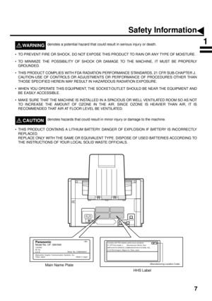 Page 97
GETTING TO KNOW YOUR MACHINE
Safety Information
denotes a potential hazard that could result in serious injury or death.WARNING!
• TO PREVENT FIRE OR SHOCK, DO NOT EXPOSE THIS PRODUCT TO RAIN OR ANY TYPE OF MOISTURE.
• TO MINIMIZE THE POSSIBILITY OF SHOCK OR DAMAGE TO THE MACHINE, IT MUST BE PROPERLY
GROUNDED.
• THIS PRODUCT COMPLIES WITH FDA RADIATION PERFORMANCE STANDARDS, 21 CFR SUB-CHAPTER J.
CAUTION-USE OF CONTROLS OR ADJUSTMENTS OR PERFORMANCE OF PROCEDURES OTHER THAN
THOSE SPECIFIED HEREIN MAY...