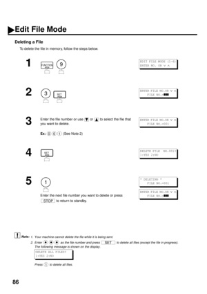 Page 8886
Deleting a File
To delete the file in memory, follow the steps below.
 (see Note 1)
 (see Note 2)
1
  
2
  
3
Enter the file number or use   or   to select the file that 
you want to delete.
Ex:  
(See Note 2)
4
5
Enter the next file number you want to delete or press 
 to return to standby.
1. Your machine cannot delete the file while it is being sent.
2. Enter   as the file number and press   to delete all files (except the file in progress).  
The following message is shown on the display.
Press...