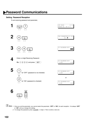 Page 104102
Setting  Password Reception
To set receiving password and parameter,
 (see Note 1)
 (see Note 2)
1
  
2
  
3
     
4
Enter a 4-digit Receiving Password.
Ex:  
and press 
5
 for “OFF” (password is not checked)
    or
 for “ON” (password is checked)or
6
  
1. Once you set the parameter, you cannot select the parameter, “OFF” or “ON”, for each reception.  It is always “OFF”
or “ON” until you change the setting.
2. To change the password, press    in step 4. Then re-enter a new one.
FUNCTION7
S E T  M O...
