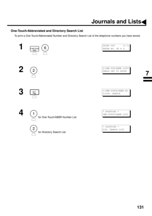 Page 133131
One-Touch/Abbreviated and Directory Search List
To print a One-Touch/Abbreviated Number and Directory Search List of the telephone numbers you have stored.
1
  
2
3
4
 for One-Touch/ABBR Number List
 for Directory Search List
FUNCTION6
PRINT OUT      (1-7)
ENTER NO. OR 
Ú Ù 
2
2:ONE-TCH/ABBR LIST?
PRESS SET TO PRINT
SET1:ONE-TOUCH/ABBR NO.
2:DIR. SEARCH
1
2
* PRINTING *
ONE-TOUCH/ABBR LIST 
* PRINTING *
DIR. SEARCH LIST 
Journals and Lists
7 