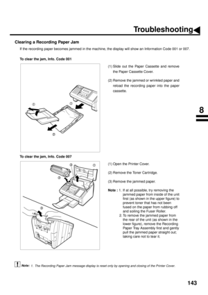 Page 145143
Clearing a Recording Paper Jam
If the recording paper becomes jammed in the machine, the display will show an Information Code 001 or 007.
 (see Note 1)To clear the jam, Info. Code 001
(1) Slide out the Paper Cassette and remove
the Paper Cassette Cover.
(2) Remove the jammed or wrinkled paper and
reload the recording paper into the paper
cassette.
To clear the jam, Info. Code 007
(1) Open the Printer Cover.
(2) Remove the Toner Cartridge.
(3) Remove the jammed paper.
Note :
 1. If at all possible,...