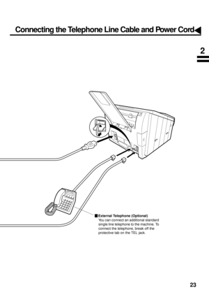 Page 2523
TEL
powerS
External Telephone (Optional)
You can connect an additional standard 
single line telephone to the machine. To 
connect the telephone, break off the 
protective tab on the TEL jack.
Connecting the Telephone Line Cable and Power Cord
2 