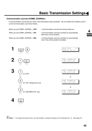 Page 4745
Communication Journal (COMM. JOURNAL)   
A Communication Journal lets you verify if the transmission was successful.  You can select the condition to print
out the Communication Journal as follows.
 (see Note 1)When you set COMM. JOURNAL = OFF
: a Communication Journal will not be printed out.
When you set COMM. JOURNAL = ON
: a Communication Journal is printed out automatically
after every communication.
When you set COMM. JOURNAL = INC.
: a Communication Journal is printed out automatically
only if...