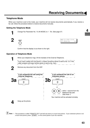 Page 6563
Telephone Mode
When your machine is set to this mode, your machine will not receive documents automatically. If you receive a
fax call, follow the procedure below to receive documents manually.
Setting the Telephone Mode
Operation of Telephone Mode
 (see Note 1)
1
Change Fax Parameter No. 15 (IN MODE) to 1 : Tel. (See page 37)
2
Confirm that the display is as shown to the right.
1
When your telephone rings, lift the handset of the External Telephone.
If you hear a beep from the phone, it means someone...