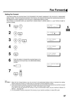 Page 9997
Fax Forward
Setting Fax Forward
This feature allows all incoming faxes to be forwarded to the station registered in the one-touch or abbreviated
dialing number.  Once the faxes are received in the memory, the machine will forward the received document(s) to
the telephone number registered in the one-touch or abbreviated dialing number.
This function is convenient when you would like to receive faxes in another place (i. e. your home) at night or
during a holiday.
 (see Note 1) (see Note 2):
 (see Note...