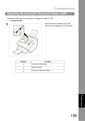 Page 139Troubleshooting
139
Problem Solving
If document misfeeding occurs frequently, we suggest you adjust the ADF.
Adjusting the Automatic Document Feeder (ADF)
To adjust the ADF
1Slide the Pressure Adjusting Lever to the 
desired position depending on the condition.
PositionCondition
To prevent no feed trouble
Standard position
To prevent multiple feed trouble
1
2
3 