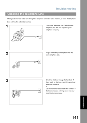 Page 141Troubleshooting
141
Problem Solving
When you do not hear a dial tone through the telephone connected to the machine, or when the telephone 
does not ring (No automatic receive).
Checking the Telephone Line
1Unplug the Telephone Line Cable from the 
telephone jack that was supplied by the 
telephone company.
2Plug a different regular telephone into the 
same telephone jack.
3Check for dial tone through the handset.  If 
there is still no dial tone, report it to your local 
telephone company.
or
Call from...