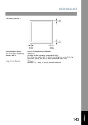 Page 143Specifications
143Appendix
Print Margin (See Note 1)
Recording Paper CapacityApprox. 250 sheets (using 20 lbs paper)
One-Touch/Abbreviated Dialing 
Memory Capacity132 stations  
(including 28 One-Touch keys, and 4 Program keys)
Each station can register up to 36 digits for each telephone number (including 
pauses and spaces)
, and up to 15 characters for each station name
Image Memory Capacity480 pages
(Based on ITU-T Image No. 1 using Standard Resolution)
0.16 in
(4 mm)
0.16 in
(4 mm)
0.16 in
(4 mm)...