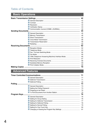 Page 4Table of Contents
4
Basic Transmission Settings ........................................................................................ 42
■General Description ....................................................................................... 42
■Contrast ......................................................................................................... 42
■Resolution ...................................................................................................... 42
■Verification Stamp...