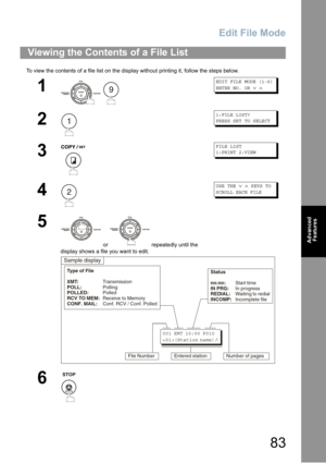 Page 83
Edit File Mode
83
Advanced Features
To view the contents of a file list on the display without printing it, follow the steps below.
Viewing the Contents of a File List
1
 
EDIT FILE MODE (1-6)
ENTER NO. OR
∨∧
2
1:FILE LIST?
PRESS SET TO SELECT
3
FILE LIST
1:PRINT 2:VIEW
4
USE THE∨∧KEYS TO
SCROLL EACH FILE
5
 or   repeatedly until the 
display shows a file you want to edit.
6
9
1
2
Sample display
Type of File
XMT: Transmission
POLL: Polling
POLLED: Polled
RCV TO MEM: Receive to MemoryStatus
nn:nn:Start...