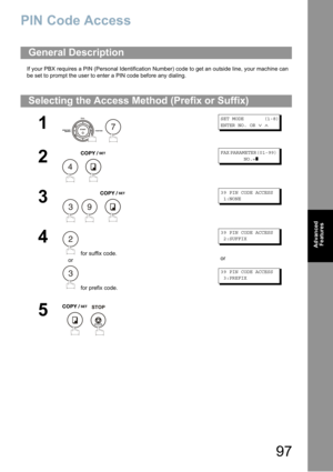 Page 9797
Advanced 
Features
PIN Code Access
If your PBX requires a PIN (Personal Identification Number) code to get an outside line, your machine can 
be set to prompt the user to enter a PIN code before any dialing.
General Description
Selecting the Access Method (Prefix or Suffix)
1
 
SET MODE (1-8)
ENTER NO. OR∨∧
2
 
FAX PARAMETER(01-99)
NO.=❚
3
  
39 PIN CODE ACCESS
1:NONE
4
 for suffix code.
or
 for prefix code.
39 PIN CODE ACCESS
2:SUFFIX
or
39 PIN CODE ACCESS
3:PREFIX
5
 
7
4
39
2
3 