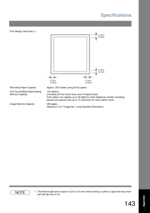 Page 143Specifications
143Appe ndix
NOTE1. The left and right  print  margin is 0.22 in  (5.5 mm) when printing  a Letter or Legal size  document 
with 600 dpi from a PC. Print Margin (See Note 1)
Recording Paper Capacity Approx. 250 sheets (using 20 lbs paper)
One-Touch/Abbreviated Dialing 
Memory Capacity132 stations 
(including 28 One-Touch keys and 4 Program keys)
Each station can register up to 36 digits for each telephone number (including 
pauses and spaces) and up to 15 characters for each station name...