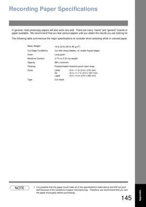 Page 145145Appendix
Recording Paper Specifications
In general, most photocopy papers will also work very well.  There are many name and generic  brands of 
paper available.  We recommend that you test various papers until you obtain the results you are looking for.
The  following table summa rizes the major specifications to consider wh en selecting white or colored pap er.
NOTE1. It is possible that the paper could meet all of the specifications listed above and still not print 
well because of the  variations...