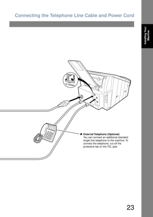 Page 23Connecting the Telephone Line Cable and Power Cord
23
Installing Your 
Machine
External Telephone  (Optional)
You can connect an additional standard
single line telephone to the machine. To 
connect the telephone, cut off the 
protective tab on the TEL jack. 