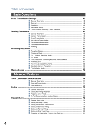 Page 4Table of Contents
4
Basic Transmission Settings ........................................................................................ 42
!General Description ....................................................................................... 42
!Contrast ......................................................................................................... 42
!Resolution ...................................................................................................... 42
!Verification Stamp...