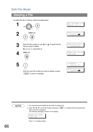 Page 86Edit File Mode
86
To d elete the file in memo ry, fo llo w the ste ps below.
NOTE1. Your machine cannot delete the file while it is being sent.
2. Enter   as the file number and press   to delete all files ((except when
there is the file in progress).  
The following message is shown on the display.
D EL ETE  A LL  FI LE S?
1 :Y ES 2: NO
Press   to delete all files. 
Deleting a File
1
 
E DI T FIL E MO DE (1 -6 ) 
ENTER NO.  OR 
∨ ∧
2
 
E NT ER  FI LE  NO. OR  ∨ ∧    
      FILE NO.=
❚❚❚
3
Enter the file...