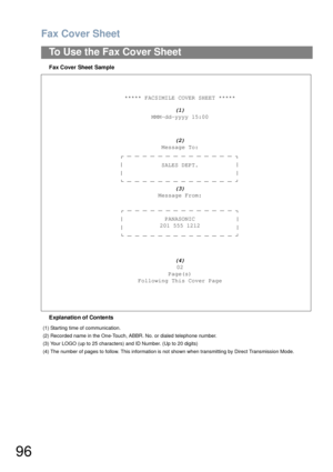 Page 96Fax Cover Sheet
96
To Use the Fax Cover Sheet
Fax Cover Sheet Sample
Explanation of Contents***** FACSIMILE COVER SHEET *****
(1)
MMM-dd-yyyy 15:00
(2)
Message To:
SALES DEPT.
(3)
Message From:
PANASONIC
201 555 1212
(4)
02
Page(s)
Following This Cover Page
(1) Starting time of communication.
(2) Recorded name in the One-Touch, ABBR. No. or dialed telephone number.
(3) Your LOGO (up to 25 characters) and ID Number. (Up to 20 digits)
(4) The number of pages to follow. This information is not shown when...