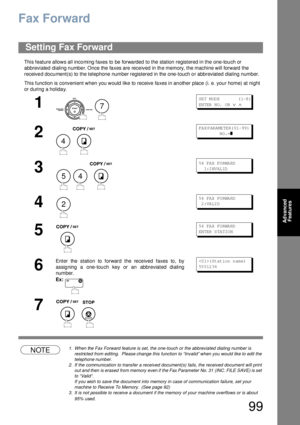 Page 9999
Advanced 
Features
Fax Forward
This feature allows all inco ming faxes to be forwa rded  to the station registered in the one-tou ch or 
abbreviated dialing number. Once the faxes are received in the memory, the machine will forward the 
received document(s) to the telephone number registered in the one-touch or abbreviated dialing number.
This function is convenient when you would  like to receive fa xes in an other place (i. e. you r home) at night 
or during a holiday.
NOTE1. When the Fax Forward...