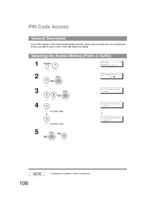 Page 106106
PIN Code Access
If your PBX requires a PIN (Personal Identification Number) code to get an outside line, your machine can 
be set to prompt the user to enter a PIN code before any dialing.
NOTE1. This feature is available in certain countries only.
General Description
Selecting the Access Met hod (Prefix or Suffix)
1
 
SET MODE       (1-8)
ENTER NO. OR 
∨ ∧
2
 
FAX PARAMETER(01-137)        
        NO.=
]
3
  
39 PIN CODE ACCESS
 1:NONE
4
 for suffix code.
or
 for prefix code.
39 PIN CODE ACCESS...