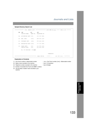 Page 133Journals and Lists
133
Printout Journals and Lists
Sample Directory Search List
Explanation of Contents
*************** -DIR. SEARCH LIST- ***************** DATE MMM-dd-yyyy ***** TIME 15:00 *******
      (5)   (2)            (1)        (3) 
           STATION NAME    ABBR NO.  TELEPHONE NO.
      [A]  ACCOUNTING DEPT       313 333 3456
      [E]  ENG. DEPT.      [001]     888 555 1234
      [P]  PURCHASE DEPT   [002]     555 666 2345
      [R]  REGULATION DEPT [003]     777 333 3456
      [S]  SALES...