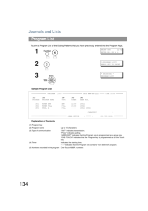 Page 134Journals and Lists
134
To print a Program List of the Dialing Patterns that you have previously entered into the Program Keys.
Sample Program List
Explanation of Contents
Program List
1
 
PRINT OUT      (1-7)
ENTER NO. OR 
∨ ∧
2
3:PROGRAM LIST?
PRESS SET TO PRINT
3
* PRINTING *
PROGRAM LIST
*************** -PROGRAM  LIST- ******************** DATE MMM-dd-yyyy ***** TIME 15:00 *******
 (1)       (2)                 (3)       (4)      (5)
 PROGRAM   PROGRAM NAME        TYPE      TIMER    ABBR NOS.
    [P1]...