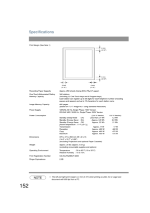 Page 152Specifications
152
NOTE1. The left and right print margin is 4 mm (0.16”) when printing a Letter, A4 or Legal size document with 600 dpi from a PC.
Print Margin (See Note 1)
Recording Paper Capacity Approx. 250 sheets (Using 20 lb (75
g/m²) paper)
One-Touch/Abbreviated Dialing 
Memory Capacity 340 stations 
(Including 32 One-Touch keys and 8 Program keys)
Each station can register up to 36 digits for each telephone number (including 
pauses and spaces) and up to 15 characters for each station name
Image...