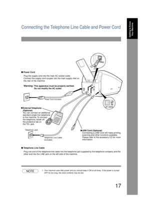 Page 1717
Getting to Know Your Machine
Power Cord (Included)
Telephone Line Cable 
(Included)
Telephone Jack
External Telephone 
(Optional)
You can connect an additional 
standard single line telephone 
to the machine. To connect 
the telephone, break off 
the protective tab on 
the TEL jack.
USB Cord (Optional) 
Connecting a USB Cord will make printing, 
scanning and other functions available.
Please refer to the accessory CD for more
information.
UF-6300
Connecting the Telephone Line Cable and Power Cord
■...