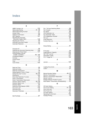 Page 163163Appendix
A
ABBR. Number List...................................132
Abbreviated Dialing.............. .................51, 58
Abbreviated Dialing Number............... ...........31
Access Code................................. .............94
Address Confirmation...................................56
ADF Capacity................................ ...........151
Adjusting the Automatic 
Document Feeder (ADF)
................ ...........148
Adjusting the Volume................... ................25...