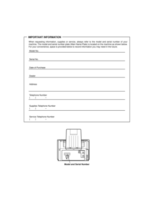 Page 167IMPORTANT INFORMATION
When requesting information, supplies or service, always refer to the model and serial number of your
machine. The model and serial number plate (Main Name  Plate) is located on the machine as shown below.
For your convenience, space is provided below to  record information you may need in the future.
Model No.
Serial No.
Date of Purchase
Dealer
Address
Telephone Number
() –
Supplies Telephone Number
() –
Service Telephone Number
() –
Model and Serial Number
UF6200_FAX_USA_PJQMC1259...