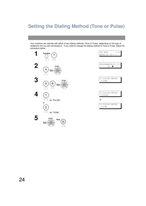 Page 2424
Setting the Dialing Method (Tone or Pulse)
Your machine can operate with either of two dialing methods (Tone or Pulse), depending on the type of 
telephone line you are connected to.  If you need to change the dialing method to Tone or Pulse, follow the 
procedure below.
1
 
SET MODE       (1-8)
ENTER NO. OR 
∨ ∧
2
 
FAX PARAMETER(01-137)         
        NO.=
]
3
  
06 DIALING METHOD 
 2:TONE
4
 for “PULSE“.
or
 for “TONE“.
06 DIALING METHOD 
 1:PULSE
or
06 DIALING METHOD 
 2:TONE
5
 
7
4
06
1
2...