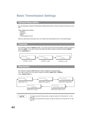 Page 4444
Basic Transmission Settings
You can temporarily change the transmission settings either before or after you place the document on the 
ADF. 
These settings are as follows: •Contrast
• Resolution
•Stamp
• Communication Journal
After your document(s) ha ve been sent, your machine will automati cally return to the preset settings.
Your machine is preset to  Normal contrast.  If you wish to send a document with lighter contrast, change the 
setting to  Lighter.  If you wish to send a document with darker...