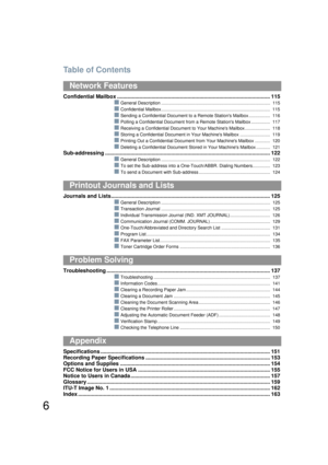 Page 6Table of Contents
6
Confidential Mailbox .......................................................................................... ............ 115
QGeneral Description ....................................................................................... 115
QConfidential Mailbox....................................................................................... 115
QSending a Confidential Document to a Remote Stations Mailbox ................. 116
QPolling a Confidential Document from a  Remote...