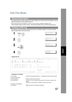 Page 8787
Advanced Features
Edit File Mode
Your machine has a document image memory which en ables you to reserve memory transmission, memory 
deferred transmi ssion, memory polling and so on.
After reserving the communications in memory, you may need to change the settings of the 
communication(s) while it is still in  memory.  This section describes how  to use the file editing features.
The contents of the communication settings may have  to be modified or deleted.  To verify the contents, 
follow the steps...