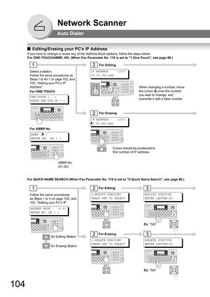 Page 104104
Network Scanner
Auto Dialer
QEditing/Erasing your PCs IP Address
If you have to change or erase any of the Address Book stations, follow the steps below.
For ONE-TOUCH/ABBR. NO. (When Fax Parameter No. 119 is set to 1:One-Touch, see page 86.)
For Editing
When changing a number, move 
the cursor (
]) over the number 
you wish to change, and 
overwrite it with a New number. Select a station.
Follow the same procedures as 
Steps 1 to 4b-1 on page 
102, and 
103
, Adding your PC’s IP 
Address.
IP ADDRESS...