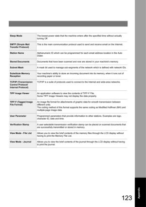 Page 123123Appendix
Sleep ModeThe lowest power state that the machine enters after the specified time without actually 
turning Off.
SMTP (Simple Mail 
Transfer Protocol)This is the main communication protocol used to send and receive email on the Internet.
Station NameAlphanumeric ID which can be programmed for each email address location in the Auto 
Dialer.
Stored DocumentsDocuments that have been scanned and now are stored in your machines memory.
Subnet MaskA mask bit used to manage sub-segments of the...