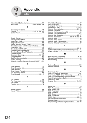 Page 124124
A
Abbreviated Dialing Number ................................74
Auto Dialer .................................72–81, 90–98, 104
C
Connecting the Cable ..........................................16
Contrast .......................................9, 10, 14, 84, 100
Control Panel .......................................................14
D
Default Domain ....................................................32
Delivery Notice (MDN) .........................................24
Department...