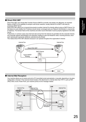 Page 2525
Internet Fax/Email
Features
QDirect IFAX XMT
Direct IFAX XMT uses Simple Mail Transfer Protocol (SMTP) to transfer mail reliably and efficiently. An important 
feature of SMTP is its capability to transport mail across networks, usually referred to as SMTP mail relay by 
employing SMTP Server.
Direct IFAX XMT allows you to transmit documents to another Internet Fax directly without using an SMTP Server. For 
this feature to work reliably, the IP Address should remain unchanged (ask your Network...