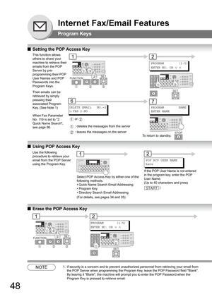 Page 4848
Internet Fax/Email Features
Program Keys
QSetting the POP Access Key
QUsing POP Access Key
NOTE1. If security is a concern and to prevent unauthorized personnel from retrieving your email from 
the POP Server when programming the Program Key, leave the POP Password field Blank.
 
By leaving it Blank, the machine will prompt you to enter the POP Password when the 
Program Key is pressed to retrieve email.
This function allows 
others to share your 
machine to retrieve their 
emails from the POP 
Server...