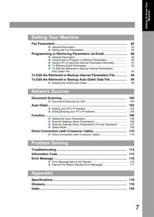 Page 77
Getting To Know Your 
Machine
Fax Parameters ................................................................................... 82
QGeneral Description ....................................................................... 82
QSetting the Fax Parameters ........................................................... 82
Programming or Retrieving Parameters via Email .......................... 90
QGeneral Description ....................................................................... 90
QUsing Email to...