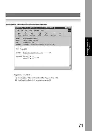 Page 7171
Advanced Internet Fax 
Features
Sample Relayed Transmission Notification Email to a Manager
Explanation of Contents
(1)Email address of the senders Internet Fax (Your machine) or PC
(2)End Receiving Stations G3 fax telephone number(s) 