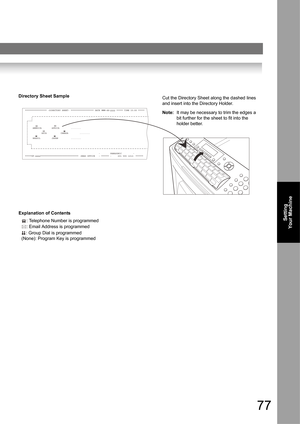 Page 7777
Setting 
Your Machine
Explanation of Contents
: Telephone Number is programmed
: Email Address is programmed
: Group Dial is programmed
(None): Program Key is programmed 
Cut the Directory Sheet along the dashed lines 
and insert into the Directory Holder.
Note:It may be necessary to trim the edges a 
bit further for the sheet to fit into the 
holder better. Directory Sheet Sample 