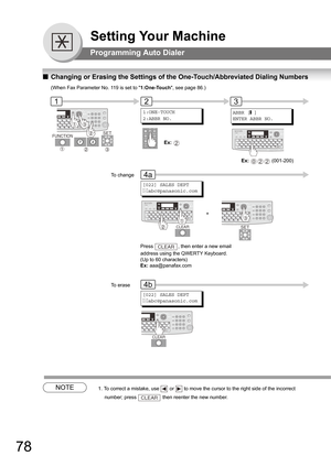 Page 7878
Setting Your MachineSetting Your Machine
Programming Auto Dialer
QChanging or Erasing the Settings of the One-Touch/Abbreviated Dialing Numbers
NOTE1. To correct a mistake, use  or  to move the cursor to the right side of the incorrect 
number; press  then reenter the new number.
[022] SALES DEPT

abc@panasonic.com
Press  , then enter a new email 
address using the QWERTY Keyboard.  
(Up to 60 characters)
Ex: aaa@panafax.comCLEAR
FUNCTIONSET
1:ONE-TOUCH
2:ABBR NO.
Ex: 2
To change
To erase
[022] SALES...